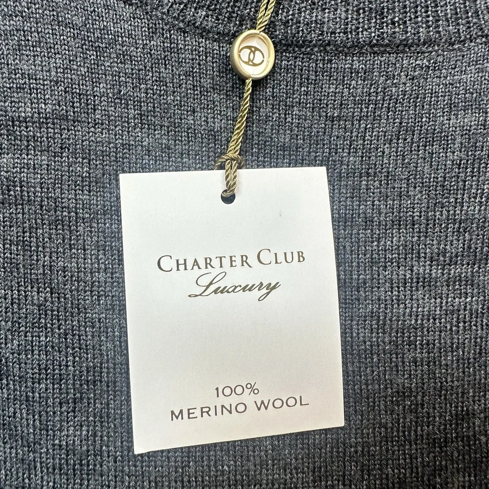Charter Club Merino Wool Crewneck Sweater XXL Charcoal Heather‎ Button Cuff